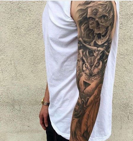 写实大臂骷髅猫头鹰纹身图案