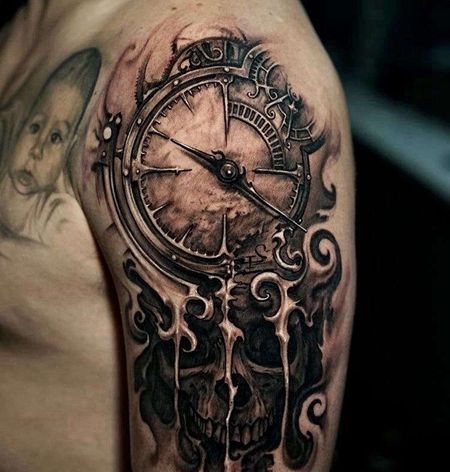 写实大臂骷髅钟表纹身图案