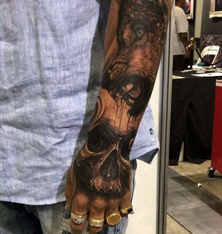 写实胳膊狼骷髅纹身图案
