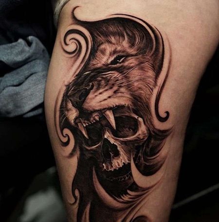 写实小臂骷髅老虎纹身图案