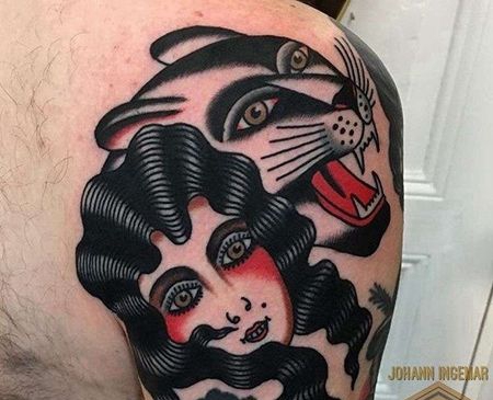 Old School大臂女人豹子纹身图案