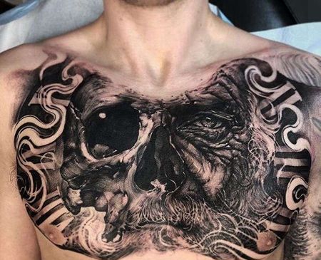 写实前胸人像骷髅纹身图案