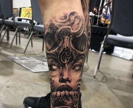 写实小腿骷髅女人纹身图案