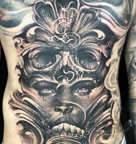 写实腹部女人骷髅纹身图案