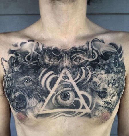 写实前胸狼猫头鹰纹身图案