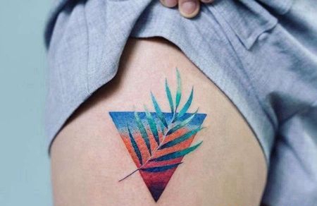 小清新大腿叶子纹身图案