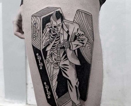 线条大腿人像骷髅纹身图案