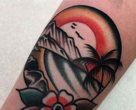 Old School小腿海椰子树纹身图案