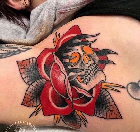 Old School腋下玫瑰骷髅纹身图案