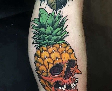 New School小腿菠萝骷髅纹身图案