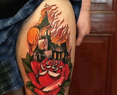 New School大腿建筑玫瑰纹身图案