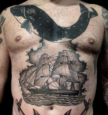 点刺腹部帆船纹身图案