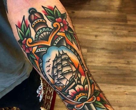 Old School小臂匕首帆船纹身图案