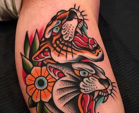 Old School大臂老虎豹子纹身图案