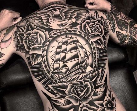 Old School后背老鹰帆船玫瑰船锚纹身图案