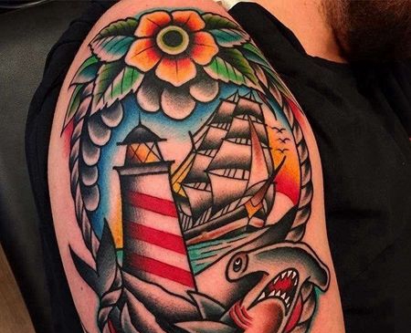 Old School大臂灯塔鲨鱼纹身图案