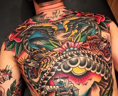 Old School后背老虎纹身图案