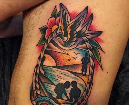 Old School侧腰风景纹身图案