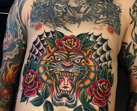 Old School腹部老虎女人玫瑰纹身图案