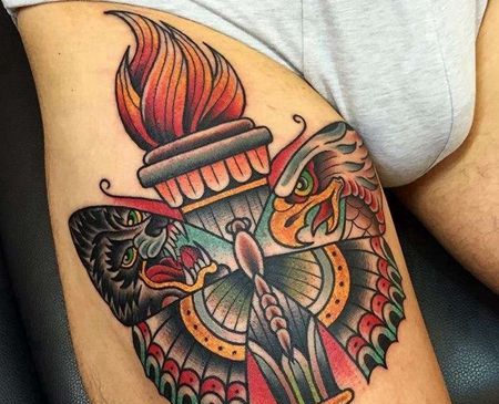 Old School大臂蝴蝶火炬纹身图案