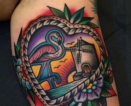 Old School大臂火烈鸟纹身图案