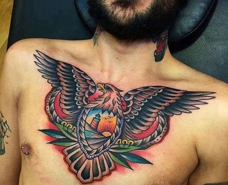 Old School前胸老鹰灯塔纹身图案