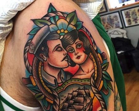 Old School大臂女人水手帆船纹身图案