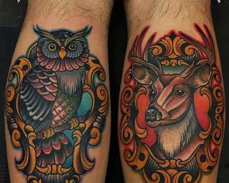 New School小腿猫头鹰鹿纹身图案