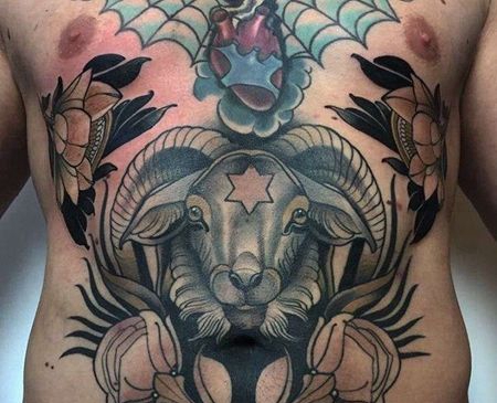 Old School腹部羊纹身图案