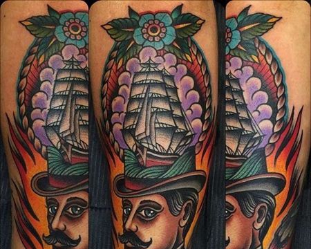 Old School小臂人像帆船纹身图案