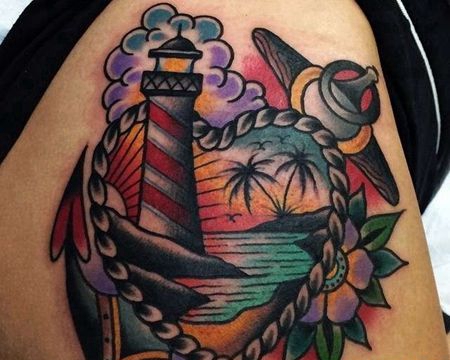 Old School大腿船锚灯塔纹身图案