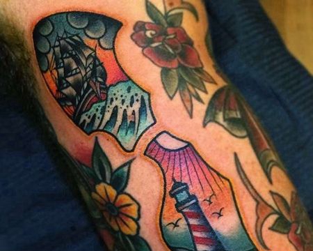 Old School小腿灯塔帆船纹身图案