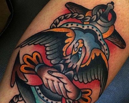 Old School大腿老鹰船锚纹身图案