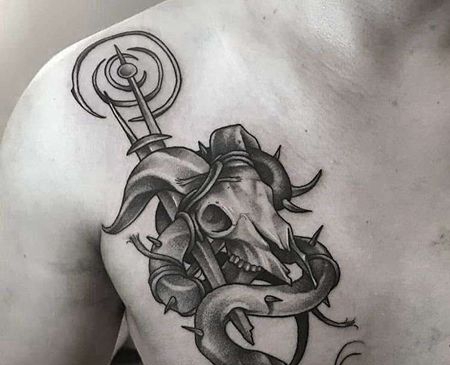 点刺锁骨羊骷髅蛇纹身图案