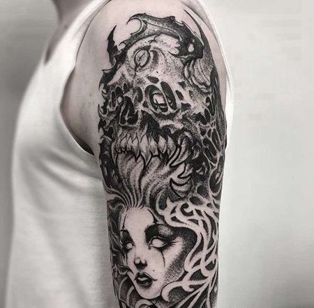 点刺大臂女人骷髅纹身图案