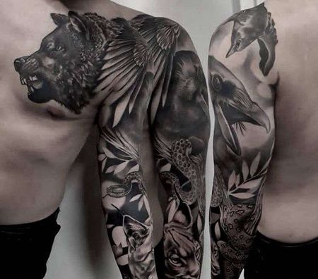 写实胳膊狼乌鸦蛇豹子纹身图案