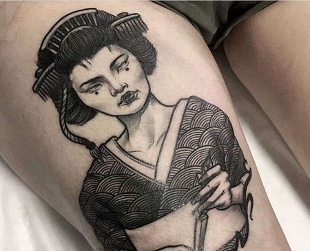 大腿艺伎纹身图案