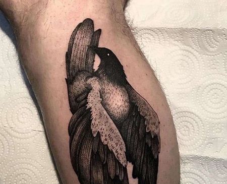 点刺小腿乌鸦纹身图案