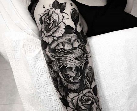 点线小臂老虎玫瑰纹身图案
