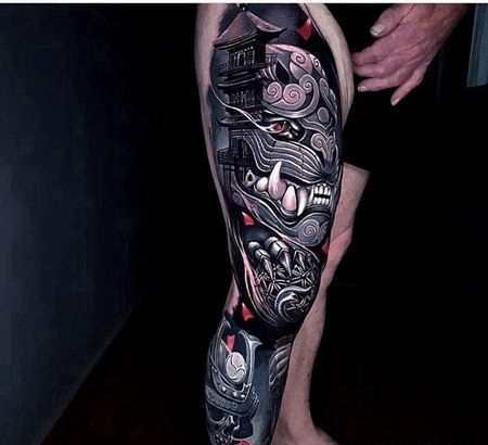 写实腿唐狮建筑鬼武士纹身图案