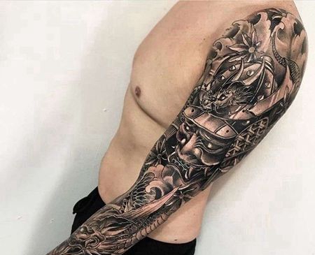 新传统胳膊龙鬼武士纹身图案