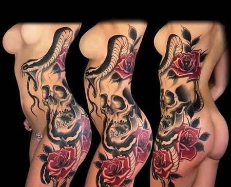 新传统侧腰骷髅蛇纹身图案