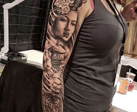 写实胳膊艺伎老虎纹身图案