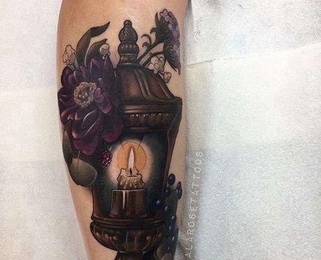 New School小腿灯笼花卉纹身图案