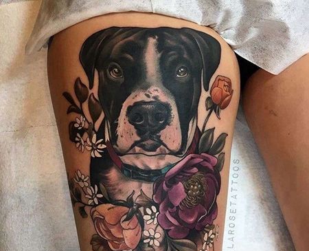 New School大腿狗花卉纹身图案