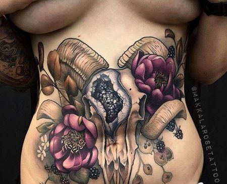 New School腹部骷髅花卉纹身图案