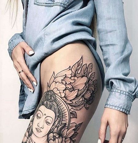 点线大腿花卉佛纹身图案