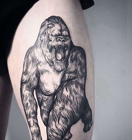 线条大腿猩猩纹身图案