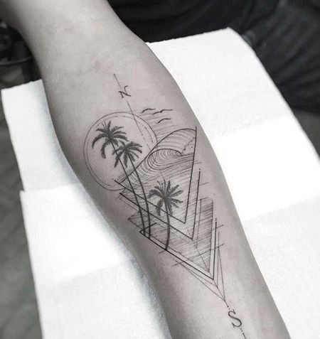 线条小臂海浪椰子树纹身图案