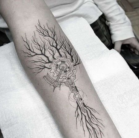 线条小臂机械树纹身图案
